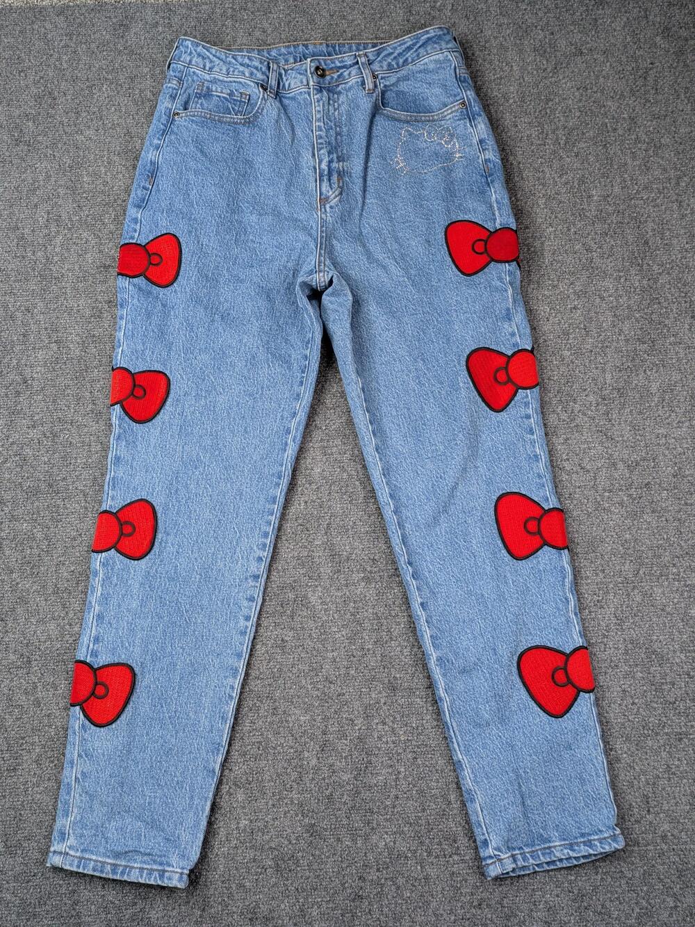 Hello Kitty Jeans Juniors 11 Blue High Rise Tapered Bow Rhinestone Embroidered